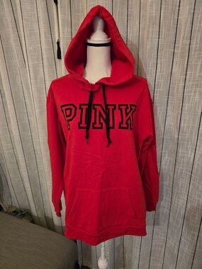 PINK Victoria's Secret Red Hoodie with Black Lettering and Drawstrings